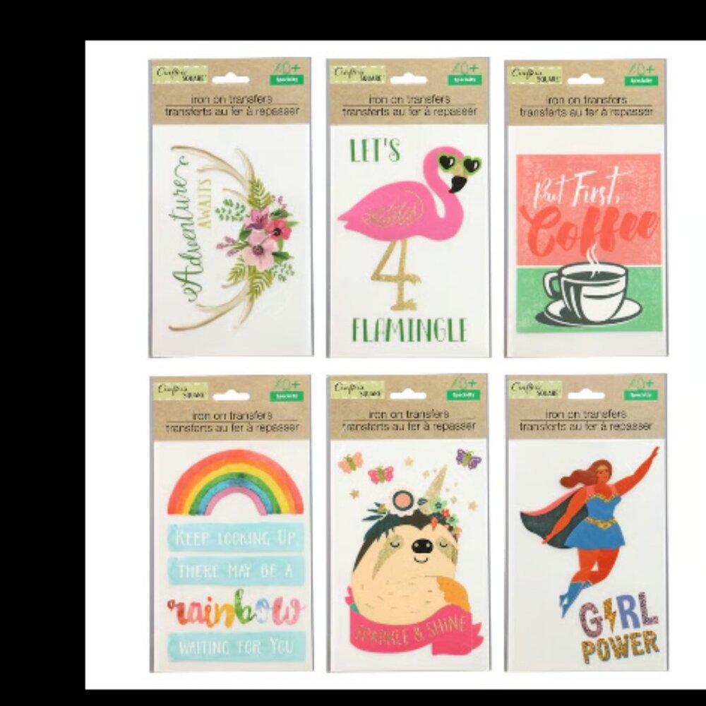 6 pc Crafter's Square Iron-On Transfer Patches flamingo coffee girl power quotes